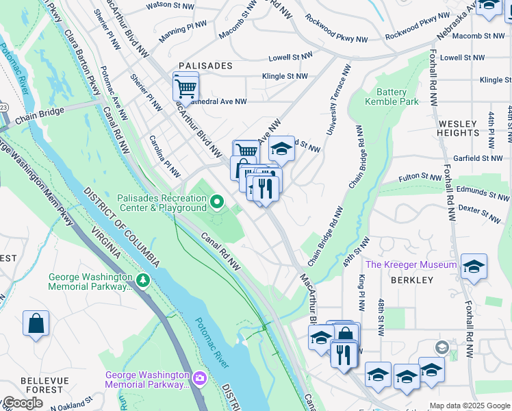 map of restaurants, bars, coffee shops, grocery stores, and more near 5112 MacArthur Boulevard Northwest in Washington