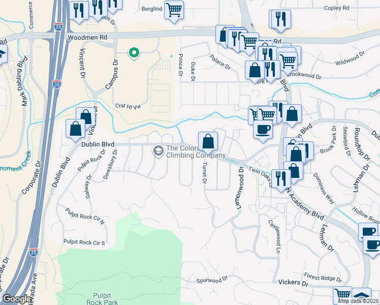 map of restaurants, bars, coffee shops, grocery stores, and more near 6464 Wicklow Circle East in Colorado Springs