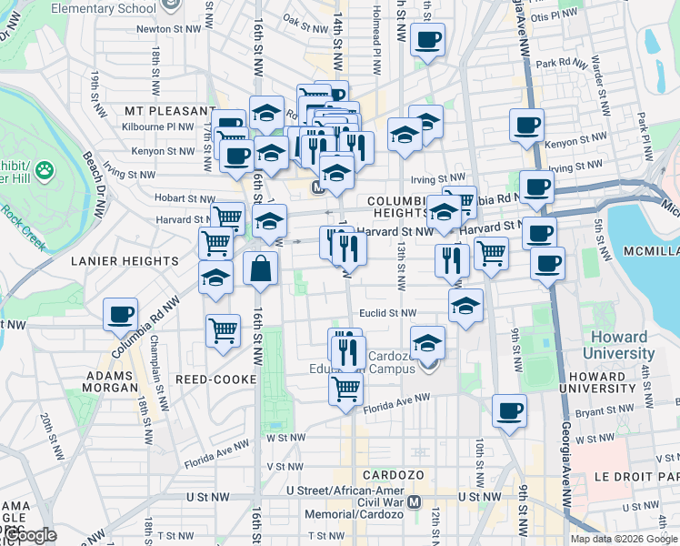 map of restaurants, bars, coffee shops, grocery stores, and more near 2750 14th Street Northwest in Washington