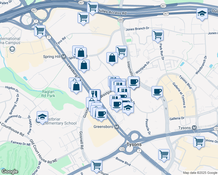 map of restaurants, bars, coffee shops, grocery stores, and more near 1620 Boro Place in Tysons