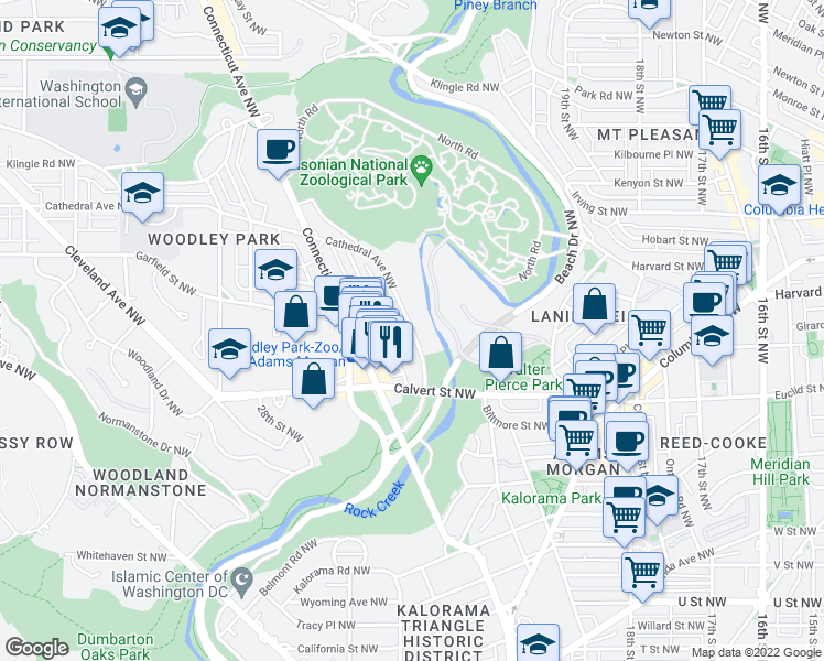 map of restaurants, bars, coffee shops, grocery stores, and more near Woodley Road Northwest & Cathedral Avenue Northwest in Washington