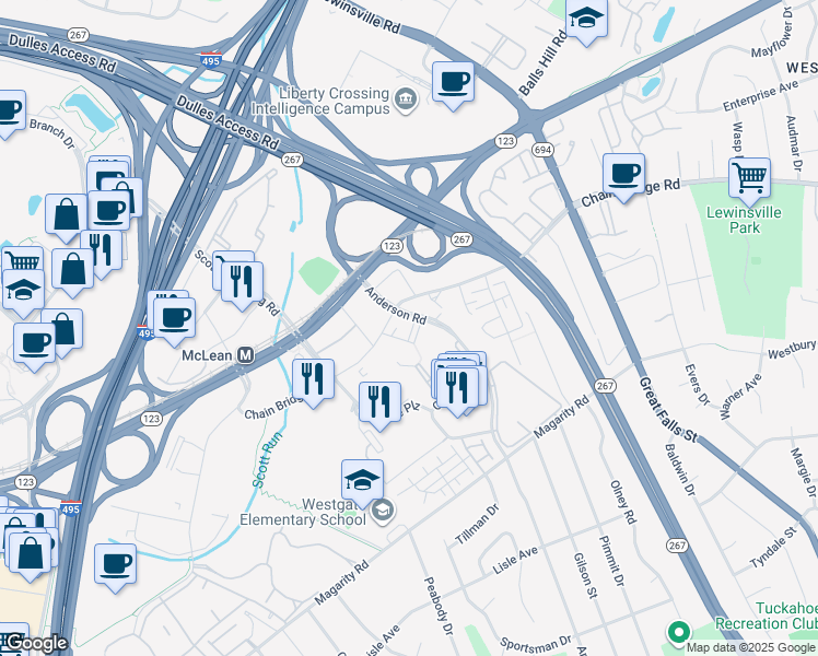 map of restaurants, bars, coffee shops, grocery stores, and more near 7480 Birdwood Avenue in Tysons
