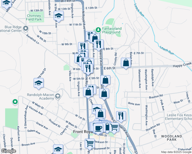 map of restaurants, bars, coffee shops, grocery stores, and more near 503 Warren Avenue in Front Royal
