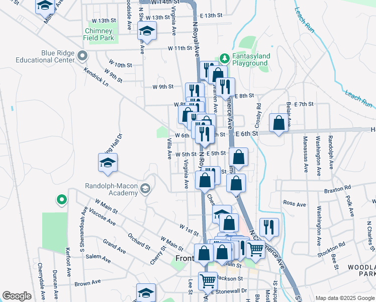 map of restaurants, bars, coffee shops, grocery stores, and more near 501 Virginia Avenue in Front Royal