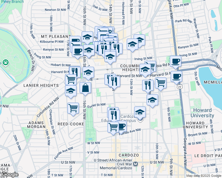 map of restaurants, bars, coffee shops, grocery stores, and more near 2750 14th Street Northwest in Washington