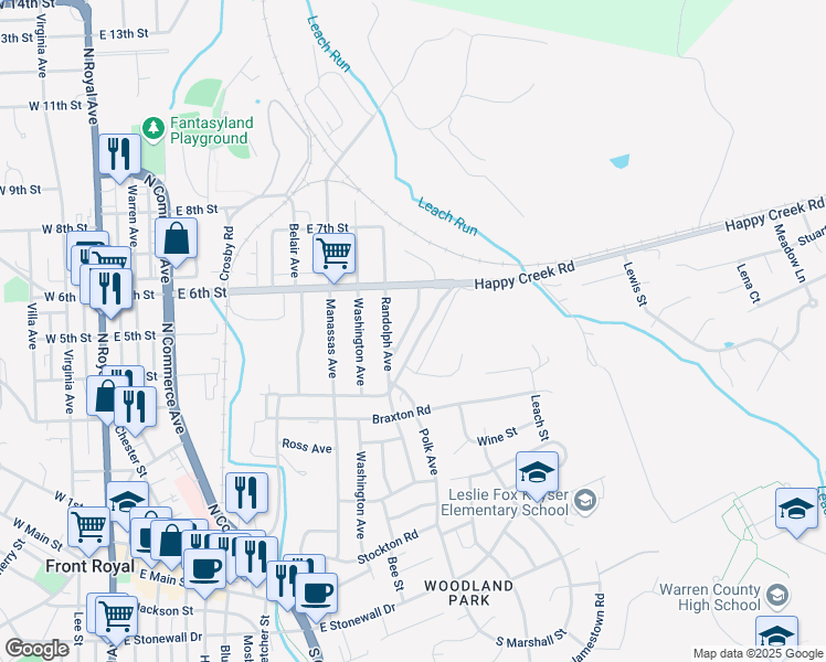 map of restaurants, bars, coffee shops, grocery stores, and more near 517 Frederick Avenue in Front Royal