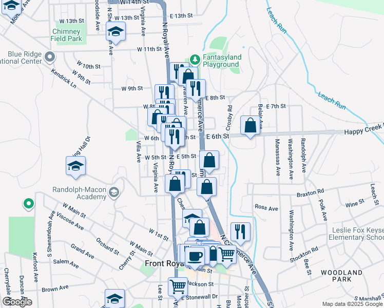 map of restaurants, bars, coffee shops, grocery stores, and more near 503 Warren Avenue in Front Royal