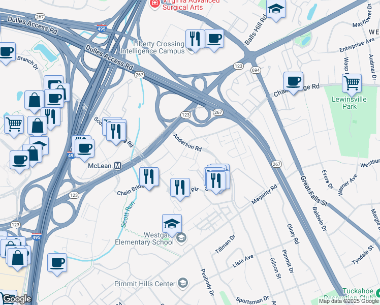 map of restaurants, bars, coffee shops, grocery stores, and more near 7480 Birdwood Avenue in McLean
