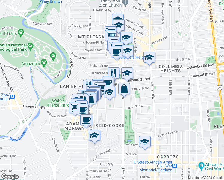 map of restaurants, bars, coffee shops, grocery stores, and more near 1474 Columbia Road Northwest in Washington