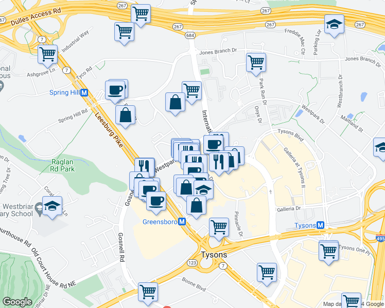 map of restaurants, bars, coffee shops, grocery stores, and more near Greensboro Drive in McLean
