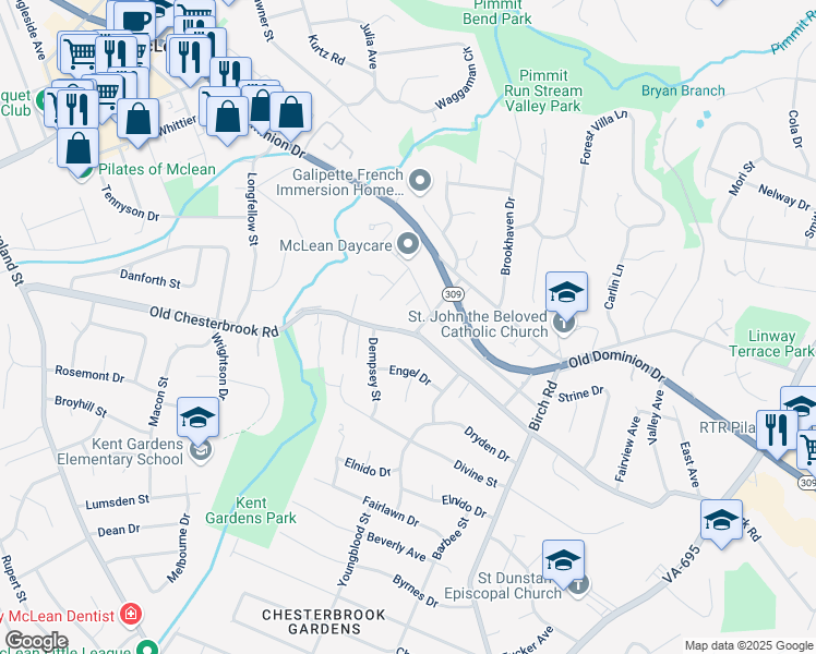 map of restaurants, bars, coffee shops, grocery stores, and more near 6520 Old Chesterbrook Road in McLean