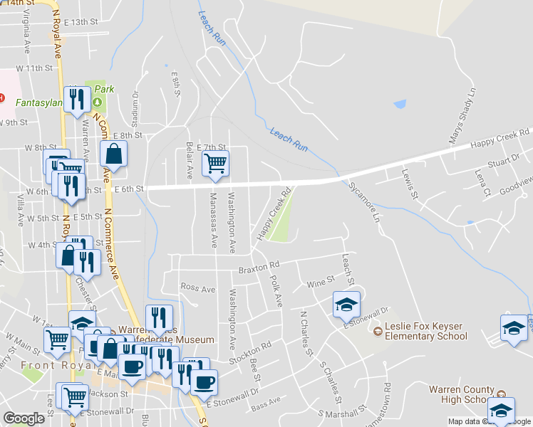 map of restaurants, bars, coffee shops, grocery stores, and more near 517 Frederick Avenue in Front Royal