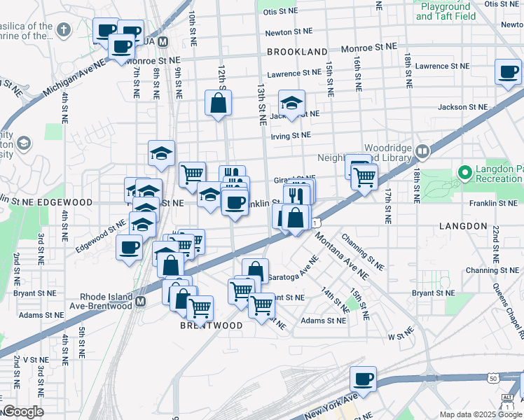 map of restaurants, bars, coffee shops, grocery stores, and more near 1235 Franklin Street Northeast in Washington