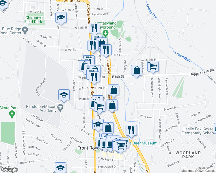 map of restaurants, bars, coffee shops, grocery stores, and more near 508 North Commerce Avenue in Front Royal
