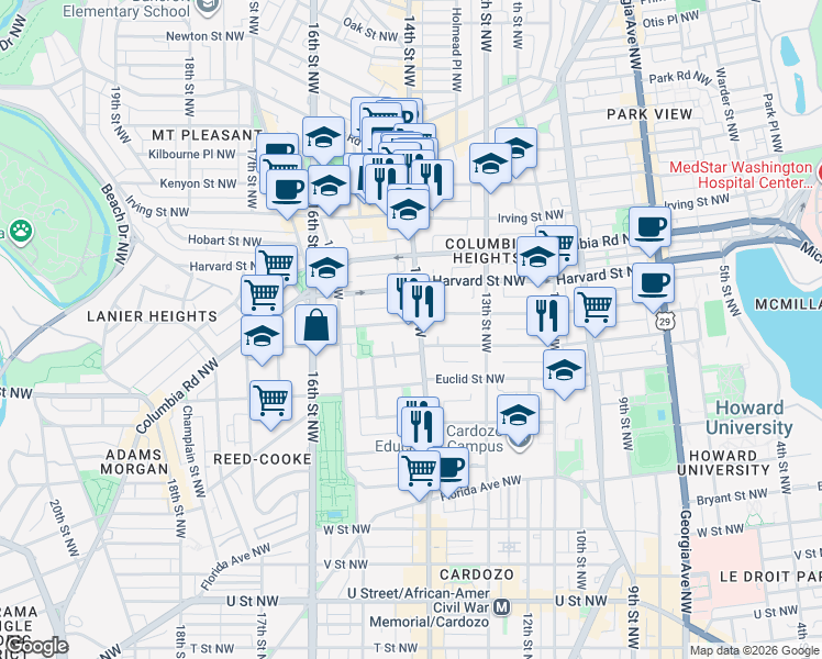 map of restaurants, bars, coffee shops, grocery stores, and more near 2750 14th Street Northwest in Washington