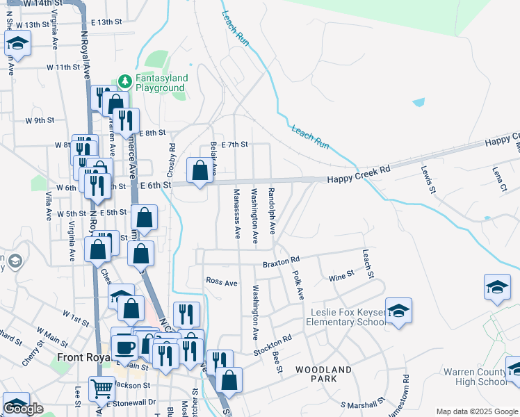map of restaurants, bars, coffee shops, grocery stores, and more near 507 Washington Avenue in Front Royal