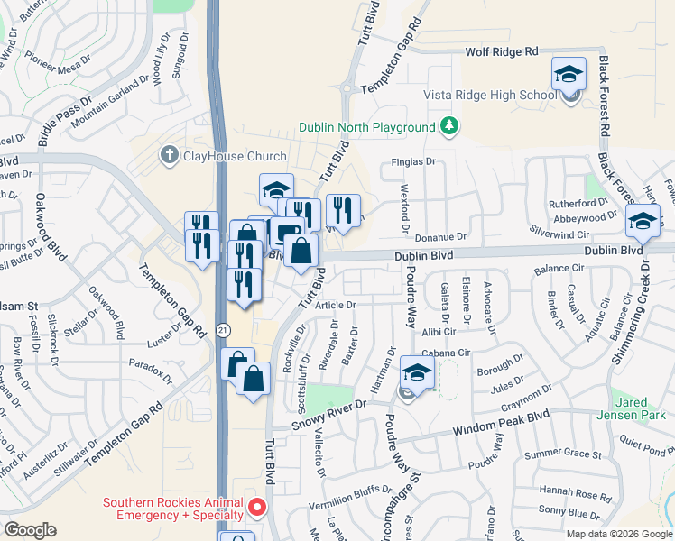 map of restaurants, bars, coffee shops, grocery stores, and more near 6116 New Colt Grove in Colorado Springs