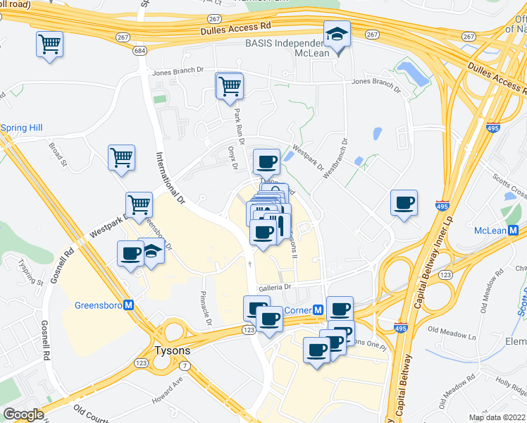 map of restaurants, bars, coffee shops, grocery stores, and more near 1651 International Drive in McLean