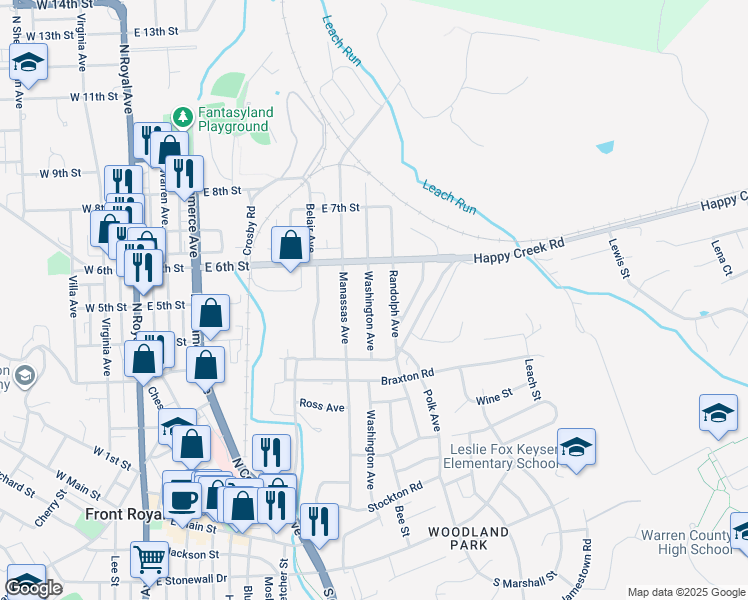 map of restaurants, bars, coffee shops, grocery stores, and more near 507 Washington Avenue in Front Royal