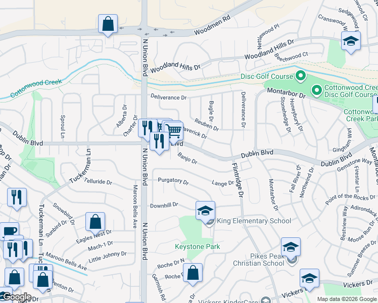 map of restaurants, bars, coffee shops, grocery stores, and more near 2955 Banjo Drive in Colorado Springs