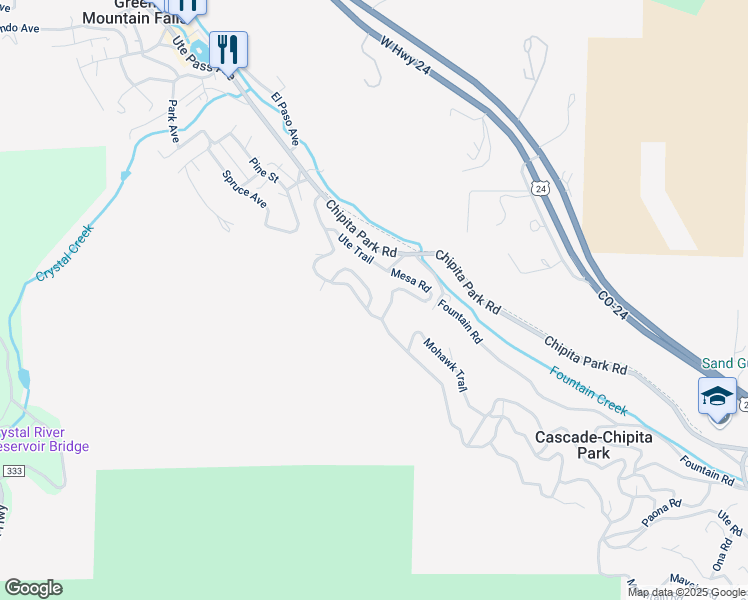 map of restaurants, bars, coffee shops, grocery stores, and more near 9810 Mesa Road in Cascade-Chipita Park