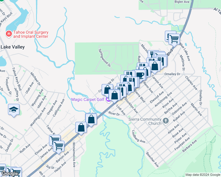 map of restaurants, bars, coffee shops, grocery stores, and more near 10 Ponderosa Street in South Lake Tahoe
