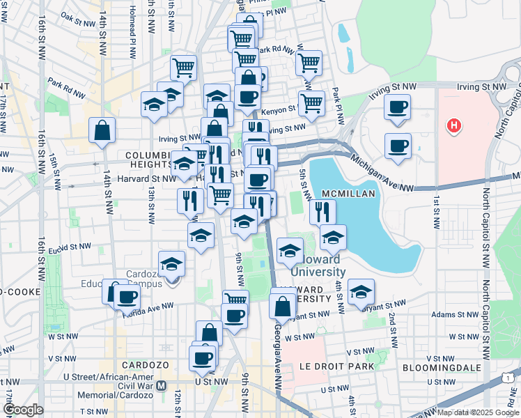 map of restaurants, bars, coffee shops, grocery stores, and more near 101 Independence Avenue Southeast in Washington