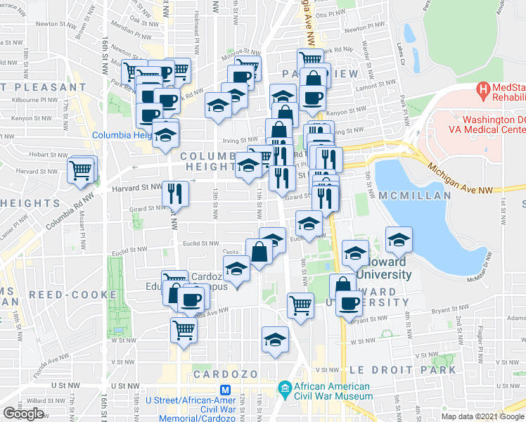 map of restaurants, bars, coffee shops, grocery stores, and more near 1023 Fairmont Street Northwest in Washington