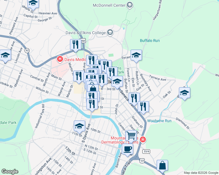map of restaurants, bars, coffee shops, grocery stores, and more near in Elkins