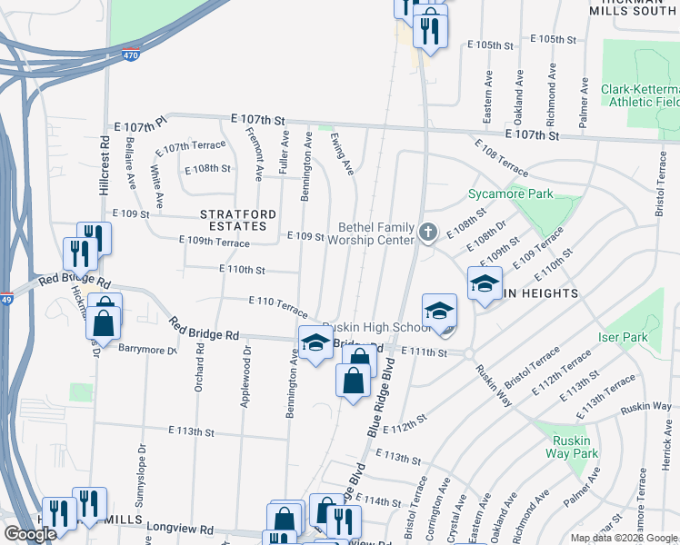 map of restaurants, bars, coffee shops, grocery stores, and more near 10916 Ewing Avenue in Kansas City