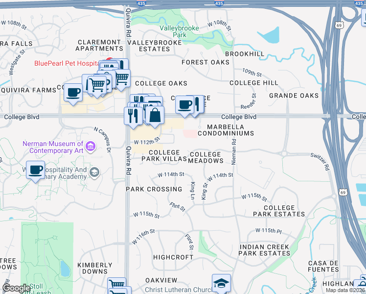 map of restaurants, bars, coffee shops, grocery stores, and more near 11434 West 112th Terrace in Overland Park