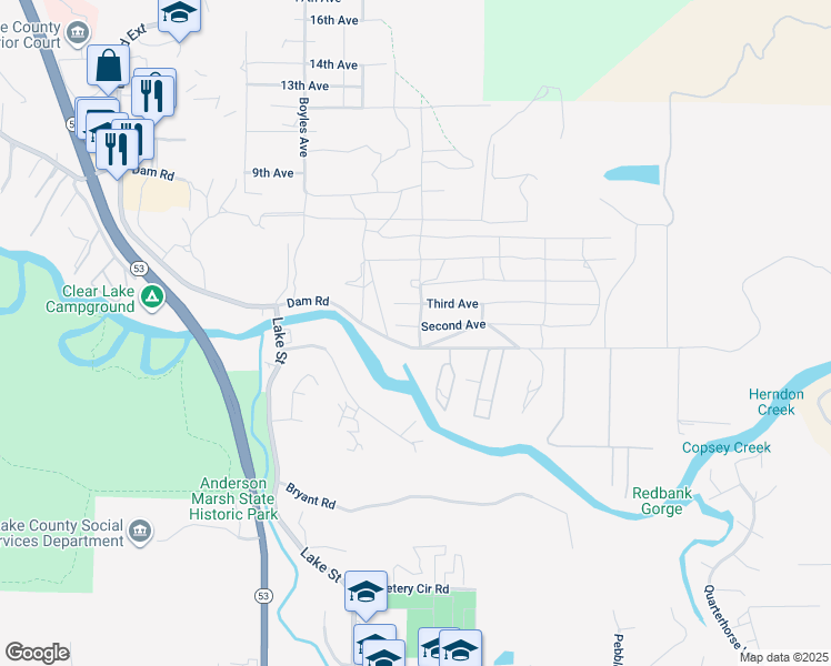 map of restaurants, bars, coffee shops, grocery stores, and more near 16357 Second Avenue in Clearlake