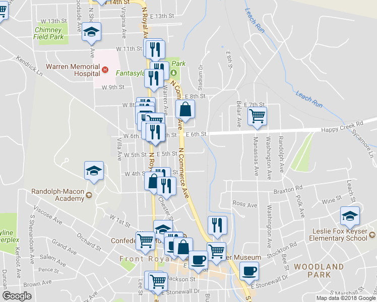 map of restaurants, bars, coffee shops, grocery stores, and more near 501 North Commerce Avenue in Front Royal