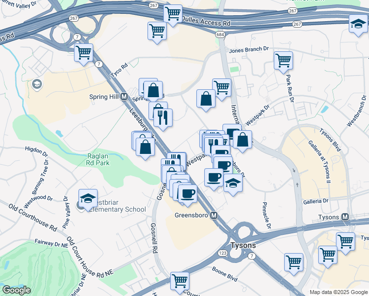 map of restaurants, bars, coffee shops, grocery stores, and more near 8444 Westpark Drive in McLean