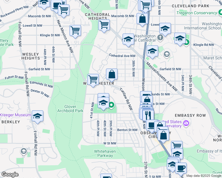 map of restaurants, bars, coffee shops, grocery stores, and more near 3900 Tunlaw Road Northwest in Washington