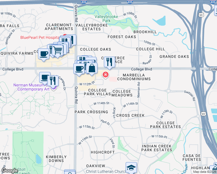 map of restaurants, bars, coffee shops, grocery stores, and more near 11434 West 112th Terrace in Overland Park