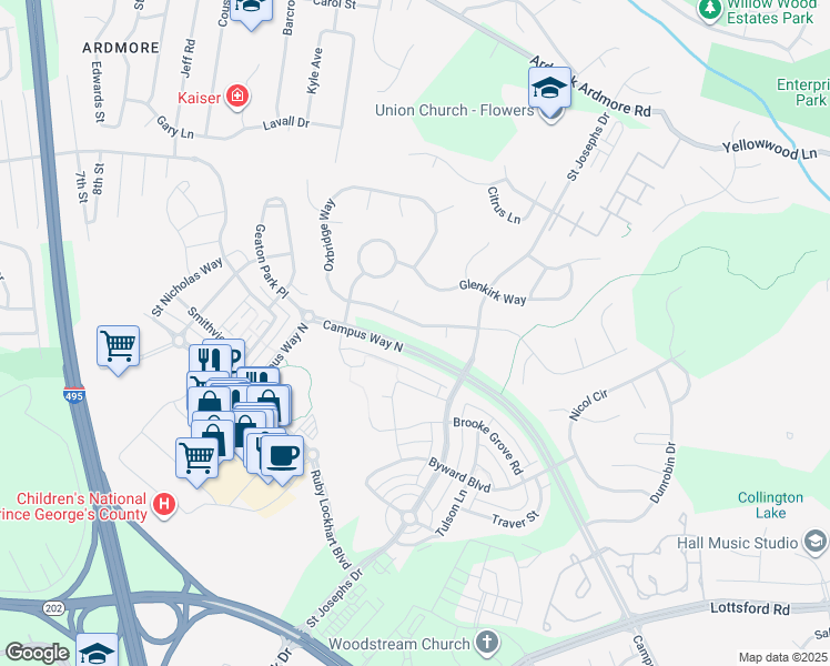 map of restaurants, bars, coffee shops, grocery stores, and more near 9819 Oxbridge Way in Bowie
