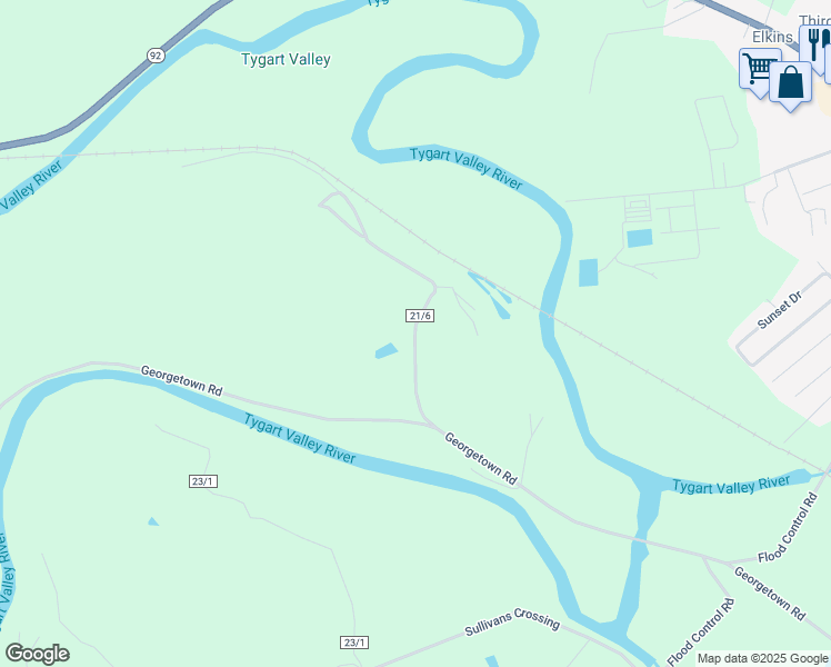 map of restaurants, bars, coffee shops, grocery stores, and more near County Route 21/6 in Randolph County