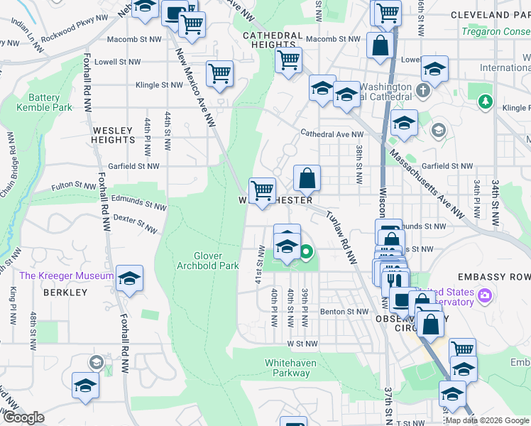 map of restaurants, bars, coffee shops, grocery stores, and more near 4000 Tunlaw Road Northwest in Washington