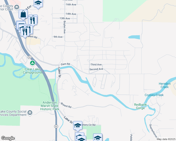 map of restaurants, bars, coffee shops, grocery stores, and more near 16357 Second Avenue in Clearlake