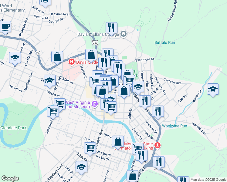 map of restaurants, bars, coffee shops, grocery stores, and more near 125 3rd Street in Elkins