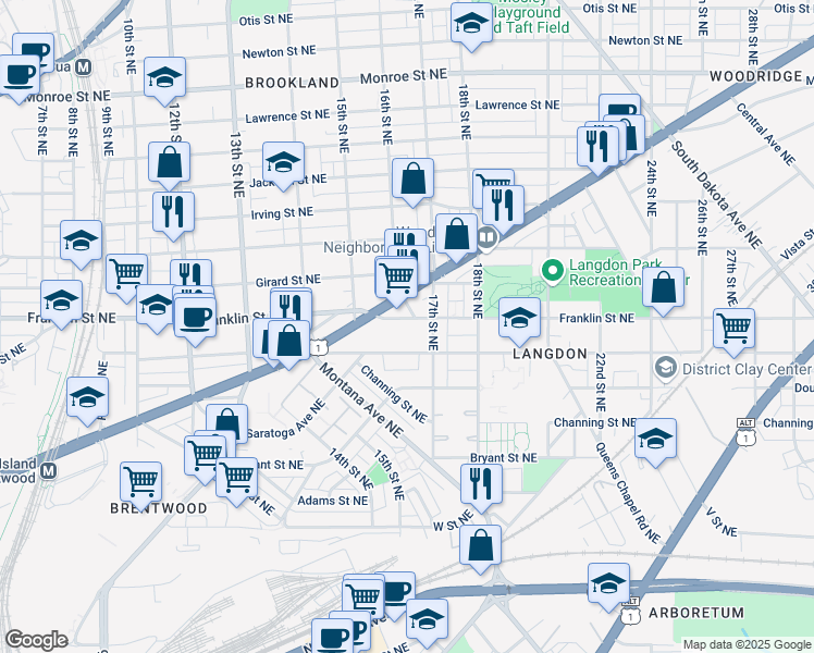 map of restaurants, bars, coffee shops, grocery stores, and more near 1625 Franklin Street Northeast in Washington