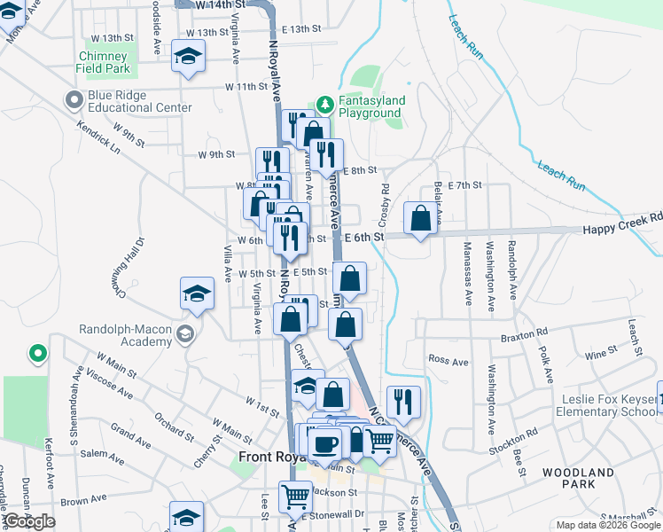 map of restaurants, bars, coffee shops, grocery stores, and more near 508 North Commerce Avenue in Front Royal