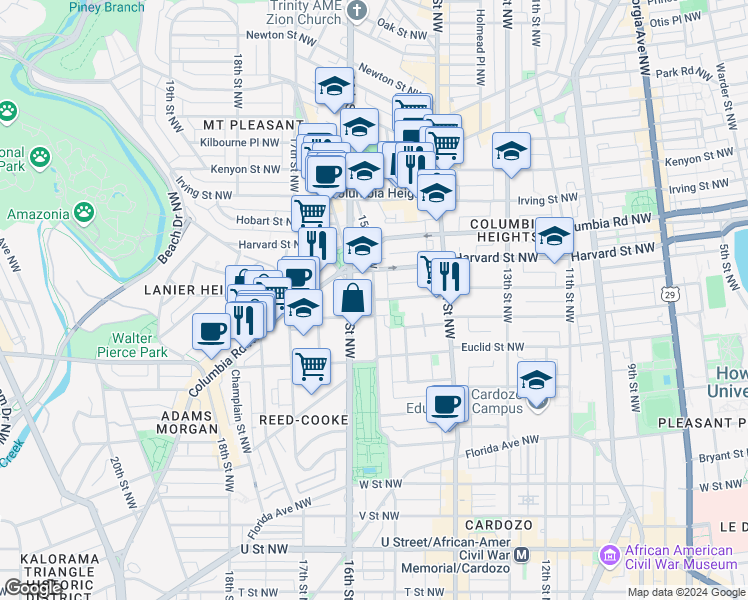 map of restaurants, bars, coffee shops, grocery stores, and more near 15th St NW & Girard St NW in Washington