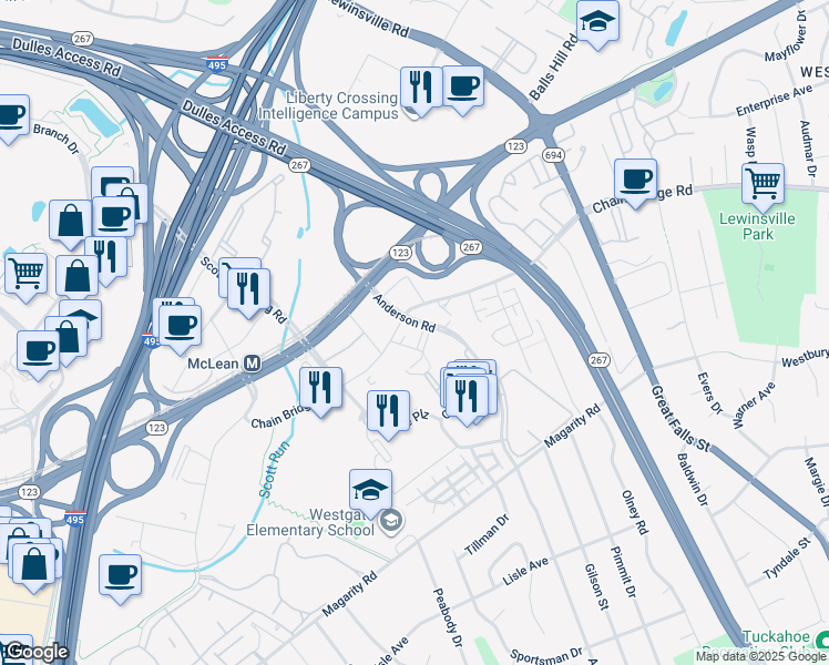 map of restaurants, bars, coffee shops, grocery stores, and more near 7480 Birdwood Avenue in McLean