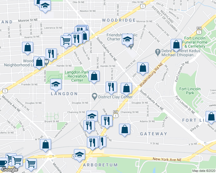 map of restaurants, bars, coffee shops, grocery stores, and more near 2613 Franklin Street Northeast in Washington