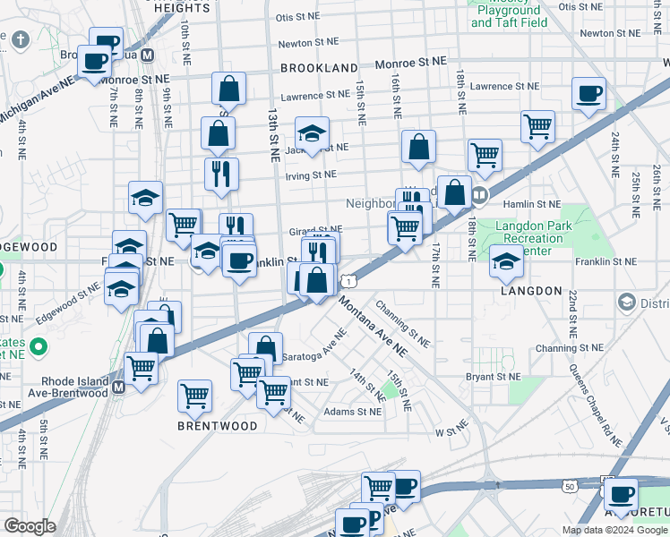 map of restaurants, bars, coffee shops, grocery stores, and more near 2711 14th Street Northeast in Washington
