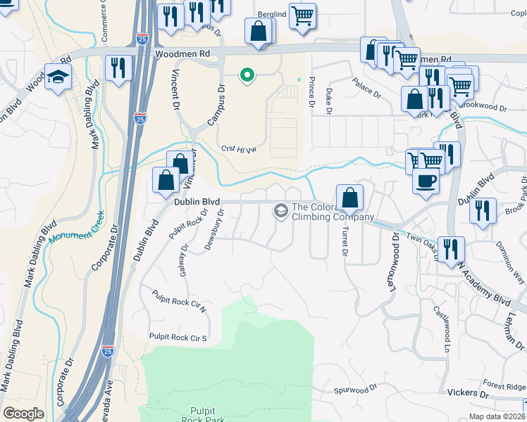 map of restaurants, bars, coffee shops, grocery stores, and more near 6440 Garlock Way in Colorado Springs