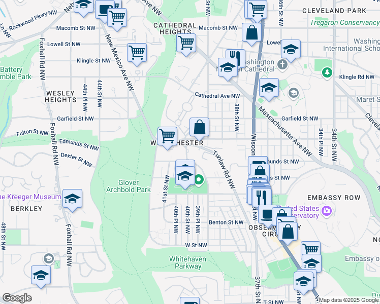 map of restaurants, bars, coffee shops, grocery stores, and more near 2725 39th Street Northwest in Washington