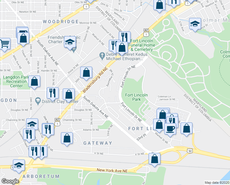 map of restaurants, bars, coffee shops, grocery stores, and more near 3170 Cityscape Drive Northeast in Washington